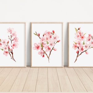 Set of 3 Watercolor Cherry Blossom flower Print Cherry Blossom flowers Artwork Cherry Blossom flowers Home Decor For Living Sakura Art Print