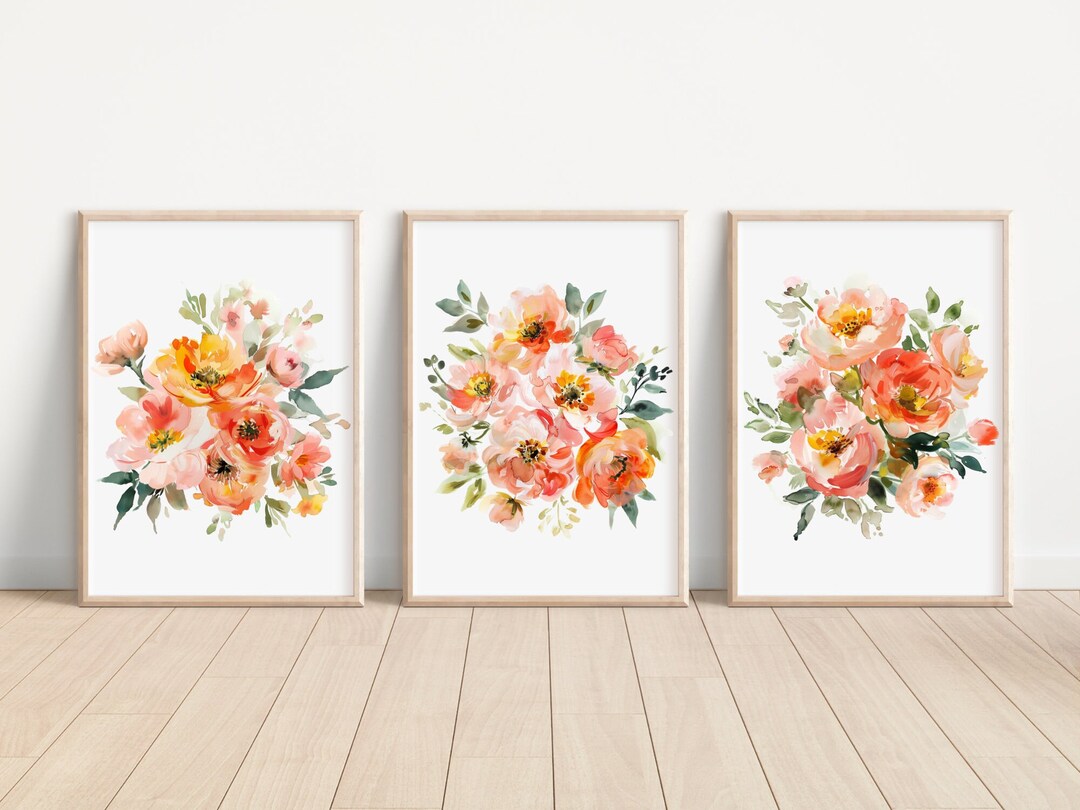 Set of 3 Watercolor Abstract Flower Print Orange Red Flower Wall Art ...