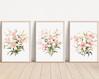Pink Lily Flower Wall Art Prints Lily Flower Art Decor Lily Floral Art Prints Lily Flower Prints Gift Lily Flower Wall Art Set for Home Deco