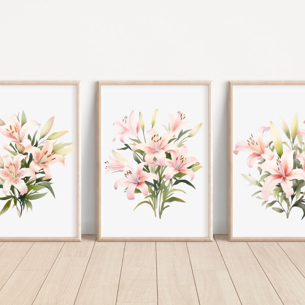 Pink Lily Flower Wall Art Prints Lily Flower Art Decor Lily Floral Art Prints Lily Flower Prints Gift Lily Flower Wall Art Set for Home Deco
