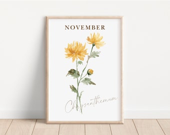 November Birth Flower Art Print Watercolor Chrysanthemum Flower Print Birth Month Flower Wall Decor Chrysanthemum Flower Artwork Flower Gift