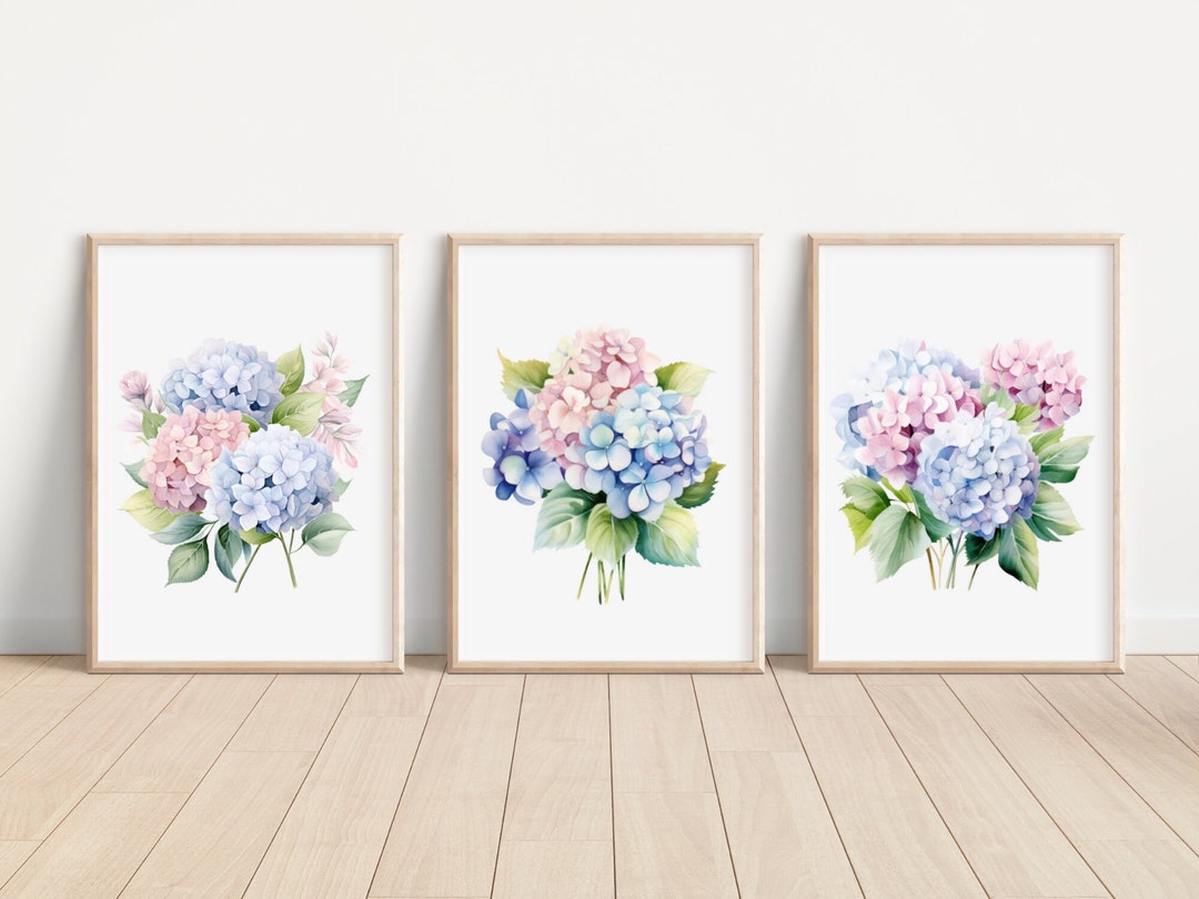 Pastel Hydrangea Flower Art Prints Set of 3 Watercolor Hydrangea Flower ...