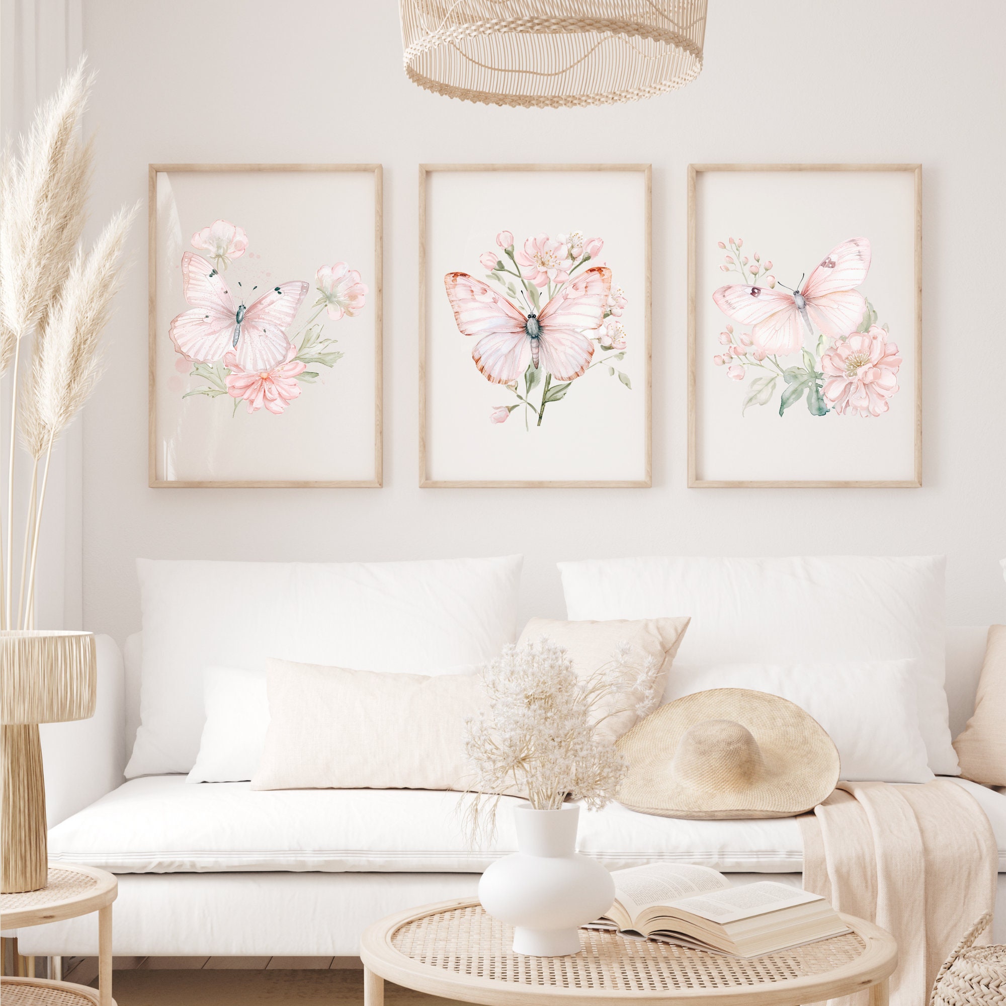 Dusty Rose Butterflies Wall Art Prints Set of 3 Watercolor Dusty Rose ...