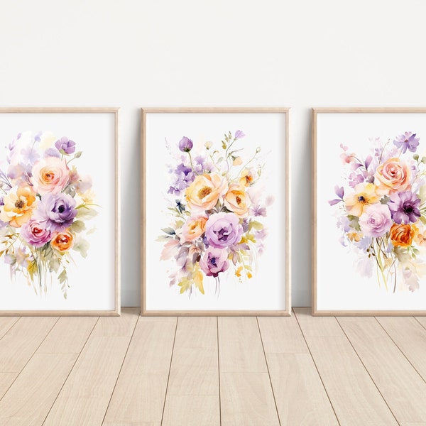 Set of 3 Watercolor Purple Flower Print Purple Flower Art Prints Romantic Flower Artwork Purple Flower Home Decor Wall Art For Living Room