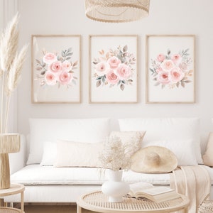 Dusty Pink Roses Flower Art Print Set of 3 Watercolor Dusty Pink Roses ...