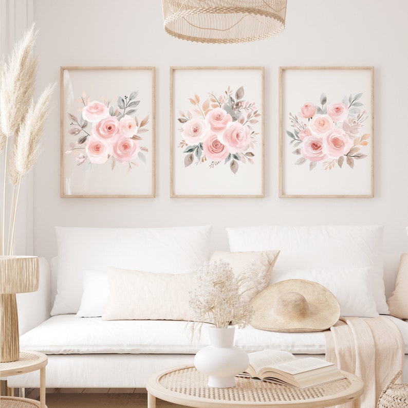 Dusty Pink Roses Flower Art Print Set of 3 Watercolor Dusty Pink Roses ...