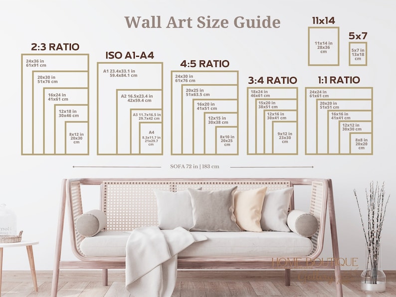 May include: A wall art size guide with different ratios and measurements in inches and centimeters. The guide shows the size of wall art that would fit well above a sofa. The guide includes the following ratios: 2:3, ISO A1-A4, 4:5, 3:4, and 1:1.