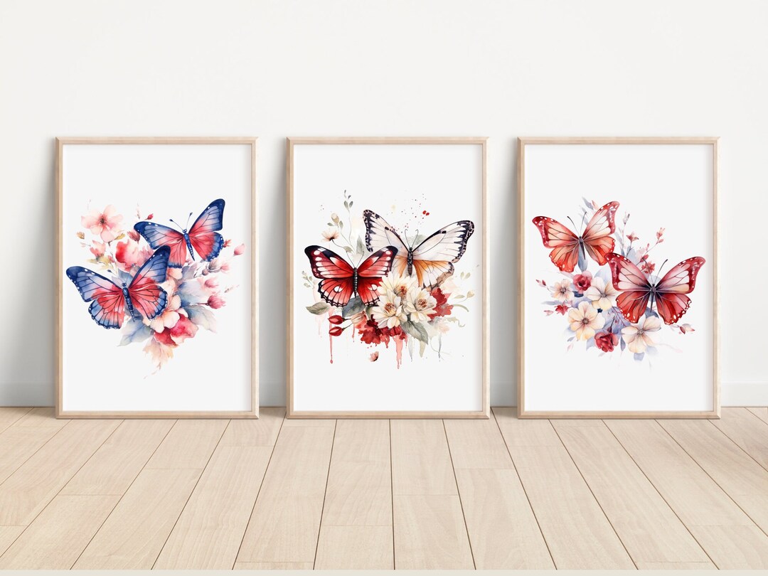 Red Butterfly Flower Art Print Set of 3 Watercolor Red Butterfly Flower ...