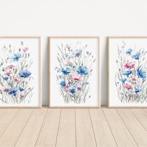 Cornflower Meadow Wall Art Prints Set of 3 Watercolor Cornflower Print Cornflower Artwork Cornflower Meadow Floral Home Decor Cornflower Art