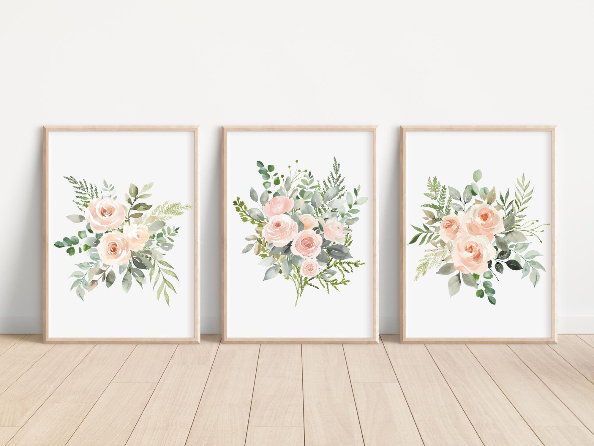 Blush Rose Art Print Set of 3 Watercolor Rose Floral Print Blush Roses ...