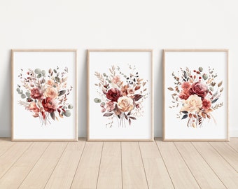 Set of 3 Watercolor Burgundy Prints Burgundy Flower Print Burgundy Flower Wall Art Burgundy Flower Artwork for Walls Burgundy Art Home Decor