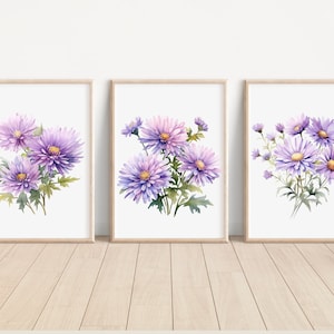 Asters Flower Art Prints Set of 3 WatercolorAsters Flower Print Asters Flower Artwork Asters Floral Wall Art Asters Flower Home Decor Art
