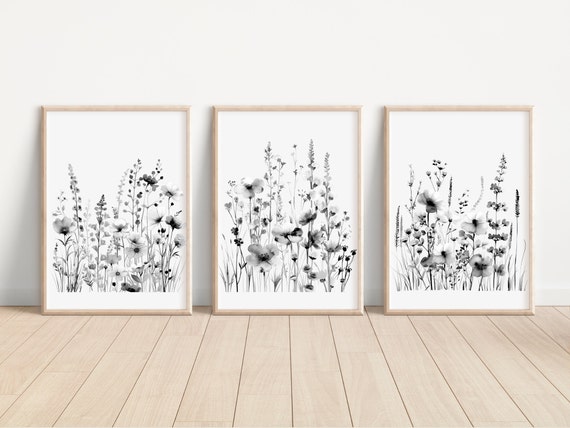 Black and White Wildflower Print Set of 3 Watercolor Black White Wildflower Print Wildflower Artwork Wildflower Home Decor For Living Room