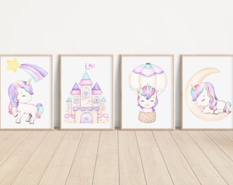 Set of 4 Watercolor Unicorn Art Prints Unicorn Wall Decor Art Print Unicorn for Nursery Wall Art Unicorn Nursery Decor Wall Unicorn Artwork