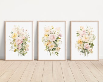 Set of 3 Watercolor Flower Prints Spring Flower Wall Art Prints Pink Peony Spring Floral Artwork Flower Home Decor Wall Art For Living Room