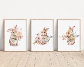 Set of 3 Watercolor Bunnies Flower Print Bunnies Flower Nursery Decor Girl Wall Art Bunnies Animal Flower Printing Kid room Decor Flower Art