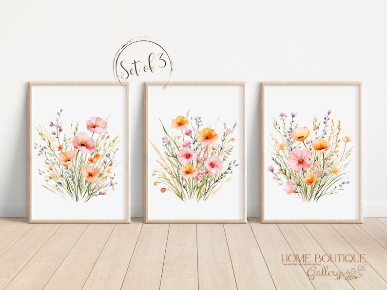 Peach Pink Wildflower Prints Set of 3 Watercolor Wildflower Prints ...