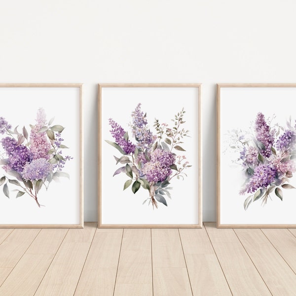 Watercolor Lilac Flower Prints Set of 3 Lilac Flower Wall Art Lilac Flower Bouquet Print Lilac Flower Nursery Art Lilac Floral Printing