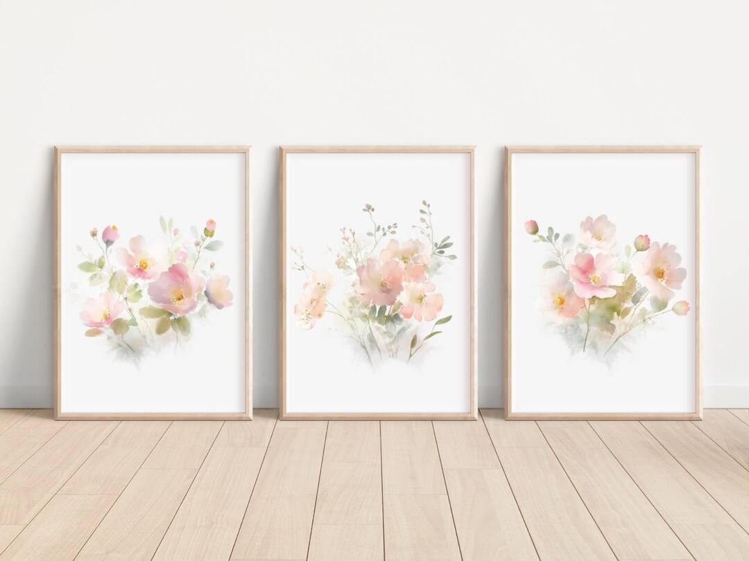 Set of 3 Watercolor Blush Flower Art Prints Floral Art Print Set Blush ...