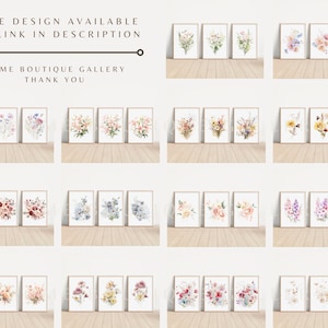 May include: Set of nine watercolor floral prints featuring various bouquets of flowers in shades of pink, blue, yellow, and white. The prints are arranged in a grid pattern on a wooden surface.  More design available see link in description Home Boutique Gallery Thank You