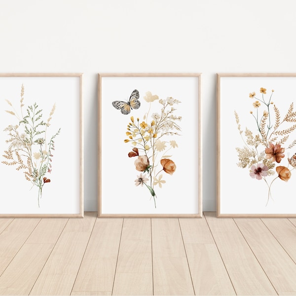 Tiny Bloom Floral Bouquet Prints Wildflowers Meadow Flowers Wall Art Tiny Wildflower Watercolor Set of 3 Wild Floral Artwork Wildflower Art