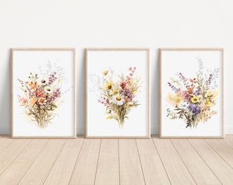 Wildflower Watercolor Set of 3 Floral Art Prints Wildflower Wall Art Wild Floral Print Floral Sketches Artwork For Wall Wildflower Art decor