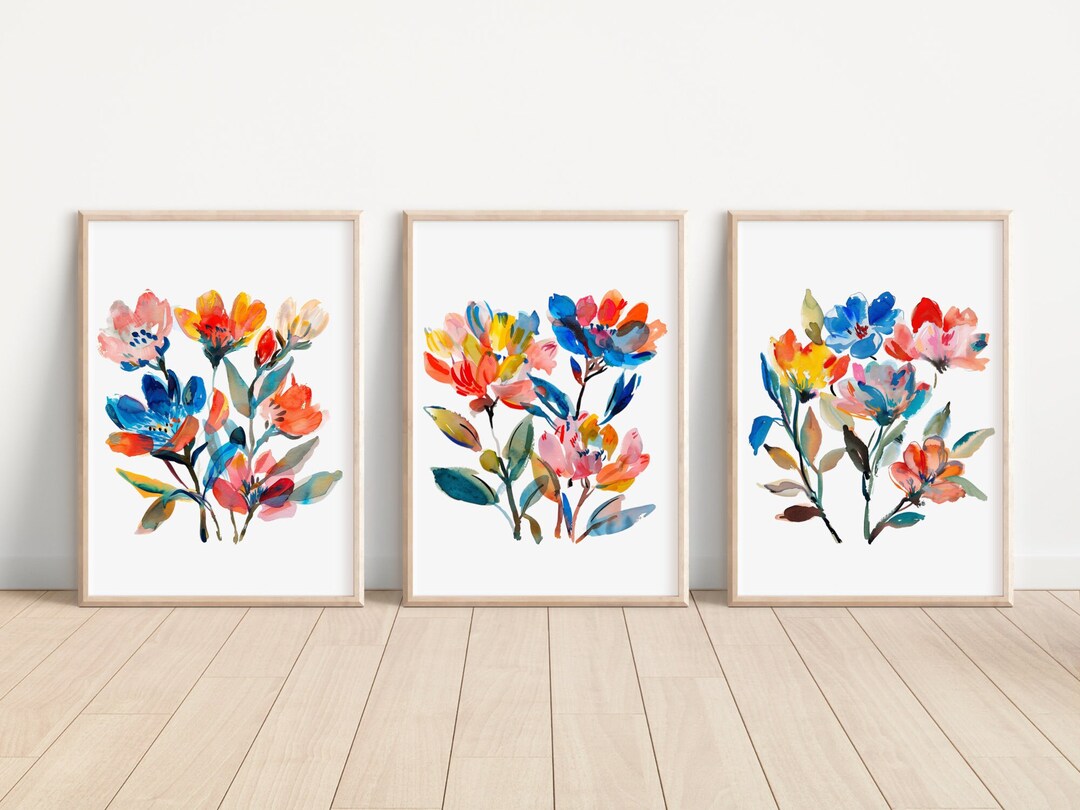 Abstract Watercolor Flower Prints Set of 3 Colorful Expression Flower ...