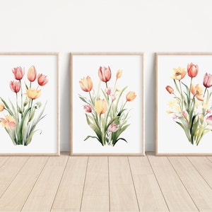 Set of 3 Watercolor Tulip Flower Prints Tulip  Floral Artwork Tulip Flower Wall Art Tulip Flower Home Decor Tulip Flower Nursery Printings