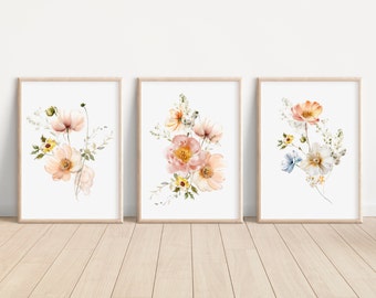 Set of 3 Watercolor Wildflower Art Prints Wildflower Wall Art Neutral Floral Artwork Wildflower Painting Watercolor Neutral Flower Art Print