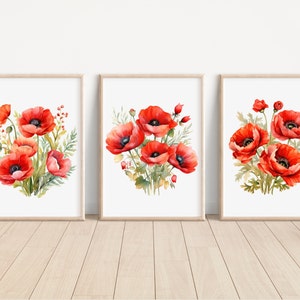 Poppy Flower Watercolor Prints Set of 3 Poppy Flower Artwork Poppy Floral Wall Art Print Poppy Flower Home Decor Wall Art  For Living Room
