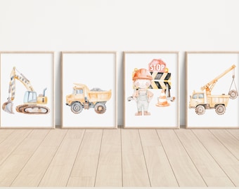 Construction Trucks Art Prints Set of 4 Watercolor Construction Trucks Print Kid Room decor Watercolor Construction Truck Boy Nursery Decor