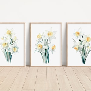 Set of 3 Watercolor Daffodil Flower Prints Daffodil Border Wall Art Print Daffodil Floral Artwork Daffodil Wall Decor Daffodil Nursery Print