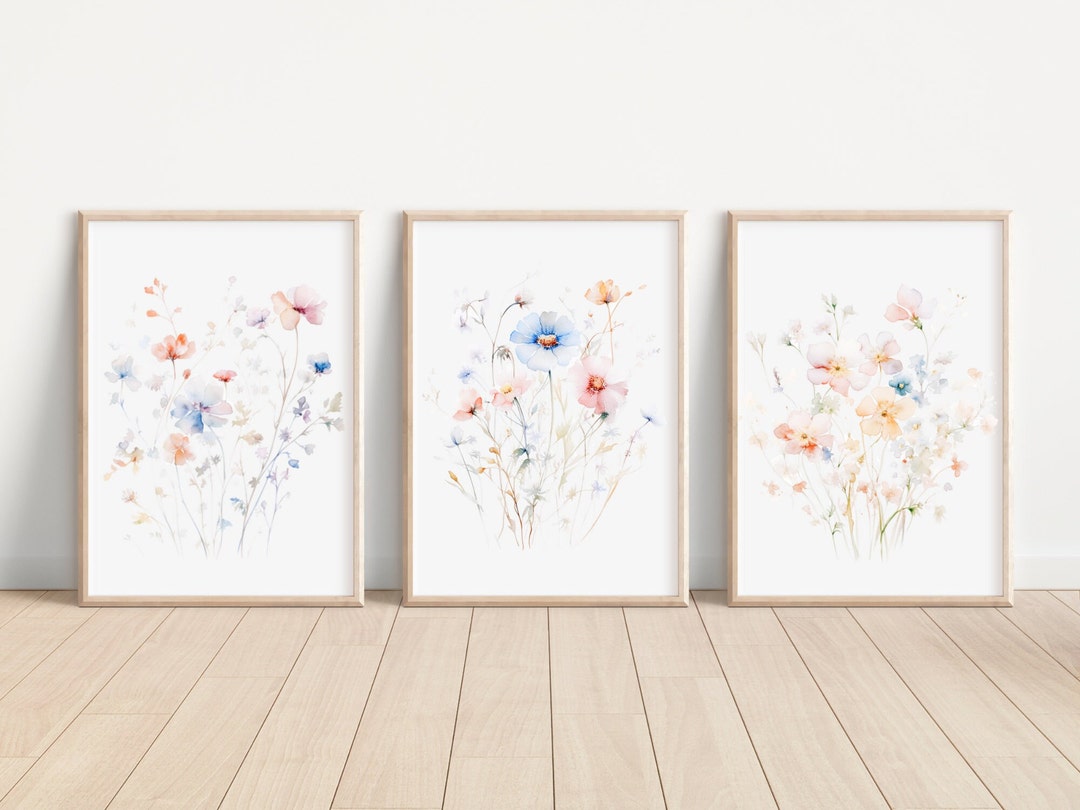 Pastel Wildflower Art Print Set of 3 Watercolor Pastel Wildflower Print ...