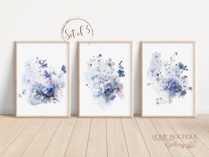 Blue Wildflower Art Print Set of 3 Watercolor Blue Wildflower Print ...