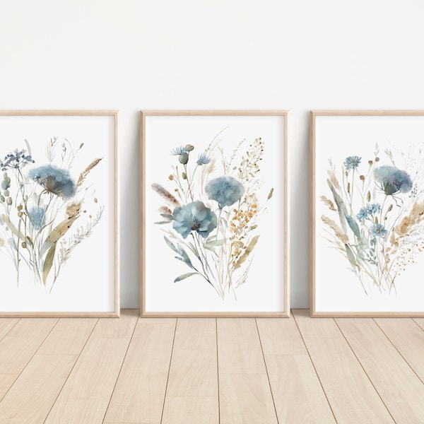 Set of 3 Watercolor Bohemian Blue Prints Bohemian Flower Art Prints Bohemian Blue Artwork Bohemian Blue Home Decor Wall Art for Living Room