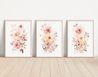 Light Peach Flower Prints Set of 3 Watercolor Light Peach Flower Print Light Peach Floral Artwork Light Peach Flower Home Decor Wall Art