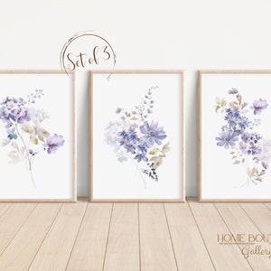 Violet Flower Wall art Prints Watercolor Violet Flower print Violet Floral Art Violet Flower Nursery Art Print Violet Flower Artwork decor Set of 3 Prints