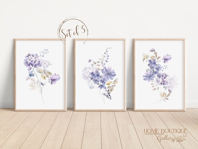 Violet Flower Wall art Prints Watercolor Violet Flower print Violet Floral Art Violet Flower Nursery Art Print Violet Flower Artwork decor Set of 3 Prints