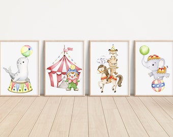 Circus Animals Prints Set of 4 Watercolor Circus Animals Art Print Circus Animals For Nursery Room Circus Animal Wall Decor Circus Art Print