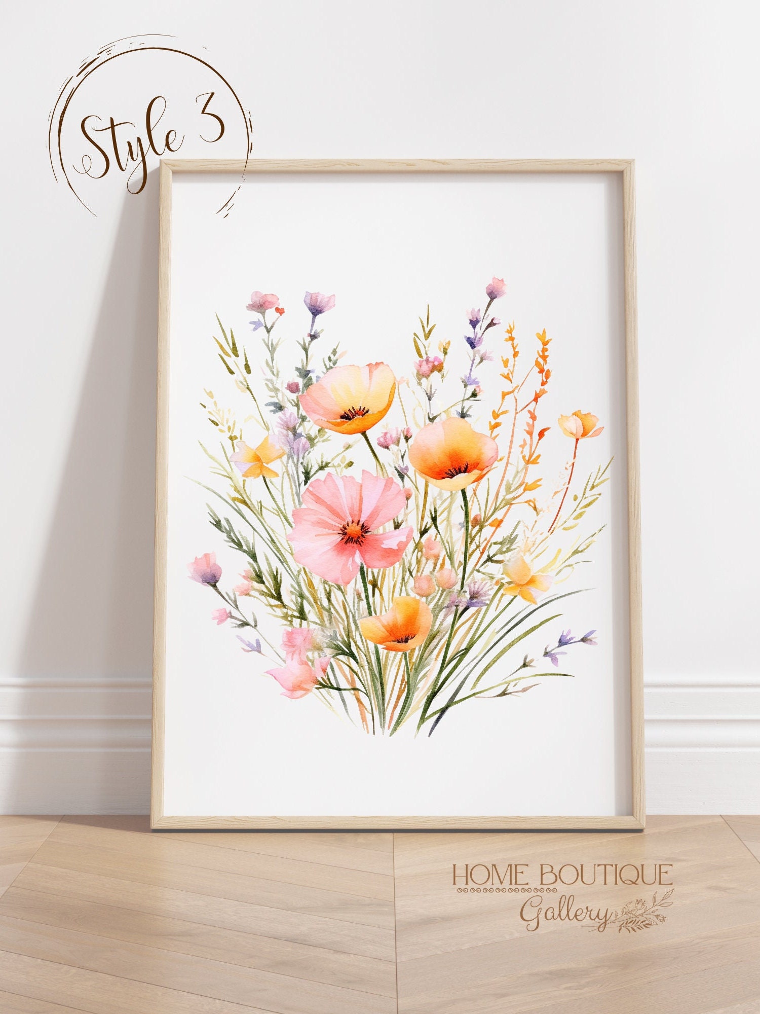 Peach Pink Wildflower Prints Set of 3 Watercolor Wildflower Prints ...