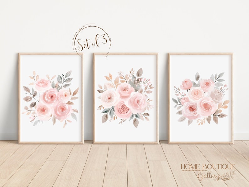 Dusty Pink Roses Flower Art Print Set of 3 Watercolor Dusty Pink Roses ...
