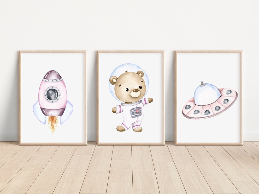 Baby Girl Space Nursery Wall Art Prints Set of 3 Watercolor Space Girl ...