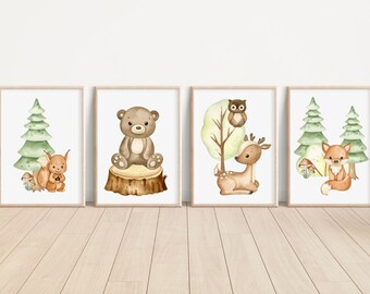 Woodland Animals Nursery Prints Set of 4 Watercolor Woodland Animal Prints Nursery Wall Art Gift Woodland Baby Animal Prints Kids Room Decor