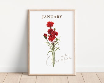 January Birth Flower Print Watercolor Carnation Flower Print Birth Month Flower Wall Decor Carnation Flower Artwork January Carnation Gift