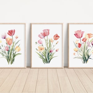 Watercolor Tulip Flower Prints Set of 3 Tulip Flower Artwork Tulip Floral Wall Art Tulip Flower Wall Decor Print Tulip Flower Nursery Print