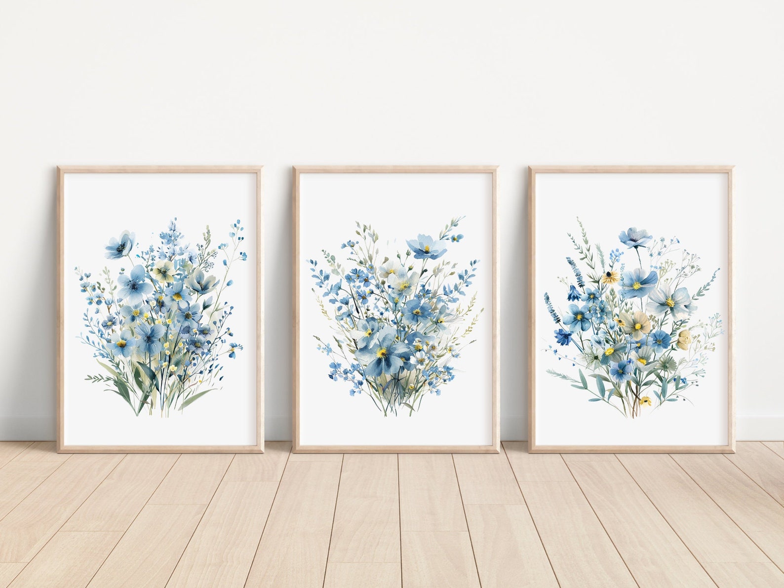 Blue Wildflower Print Wild Floral Artwork Set of 3 Watercolor Blue ...