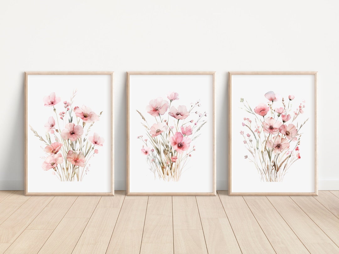 Pink Wildflower Print Wild Floral Artwork Set of 3 Watercolor Pink ...