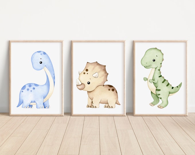 Dinosaur Art Prints Dinosaur Baby Nursery Decor Set of 3 Watercolor Dinosaur Art Prints Dinosaur Nursery Art Dinosaur for Kid Room(No Frame)