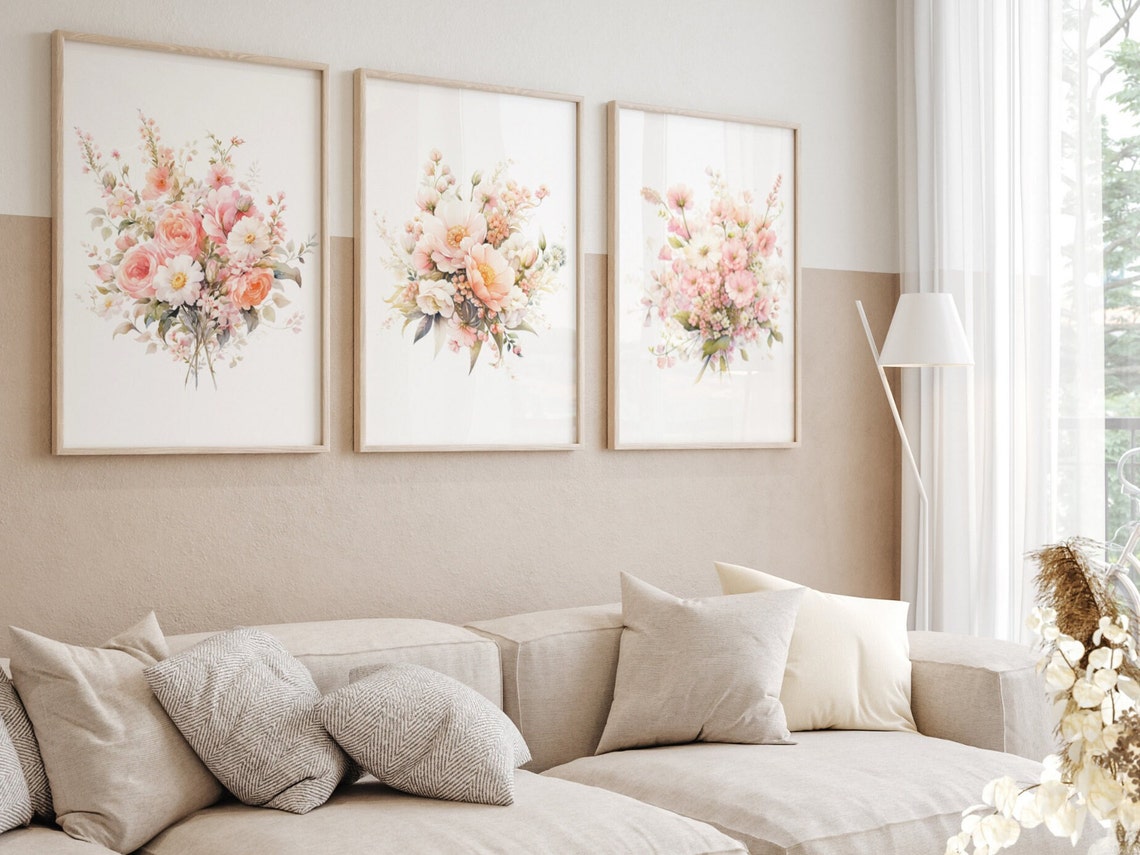 Pink Blush Flower Wall Art Print Set of 3 Watercolor Pink Blush Flower ...