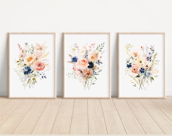 Set of 3 Watercolor Blush Navy Floral Print Navy Flower Wall Art Print Blush Flower Artwork Blush Navy Flower Wall Decor Art for Living Room